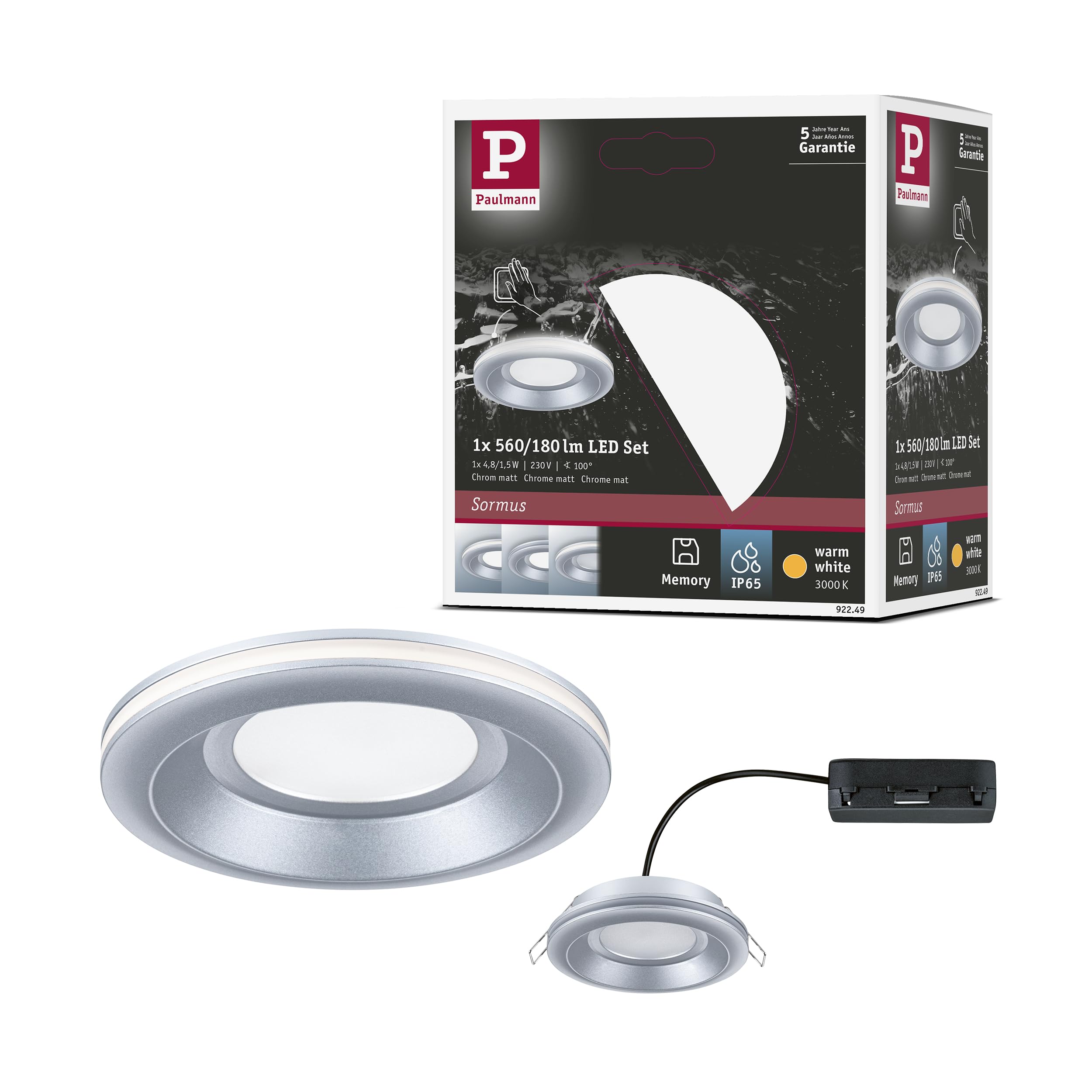 Paulmann 92249 Spot encastré LED Sormus IP65 rond 100mm 4,​8/​1,​5W 560lm / 180lm 230V 3000K Chrome mat