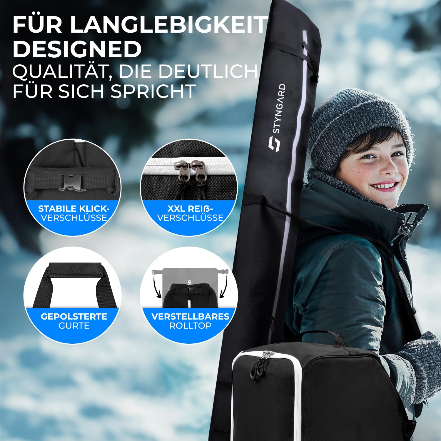 STYNGARD Set di borse da sci [120 cm fino a 160 cm] e borsa per scarponi da sci con scomparto per casco [40 L] – modello St. Moritz