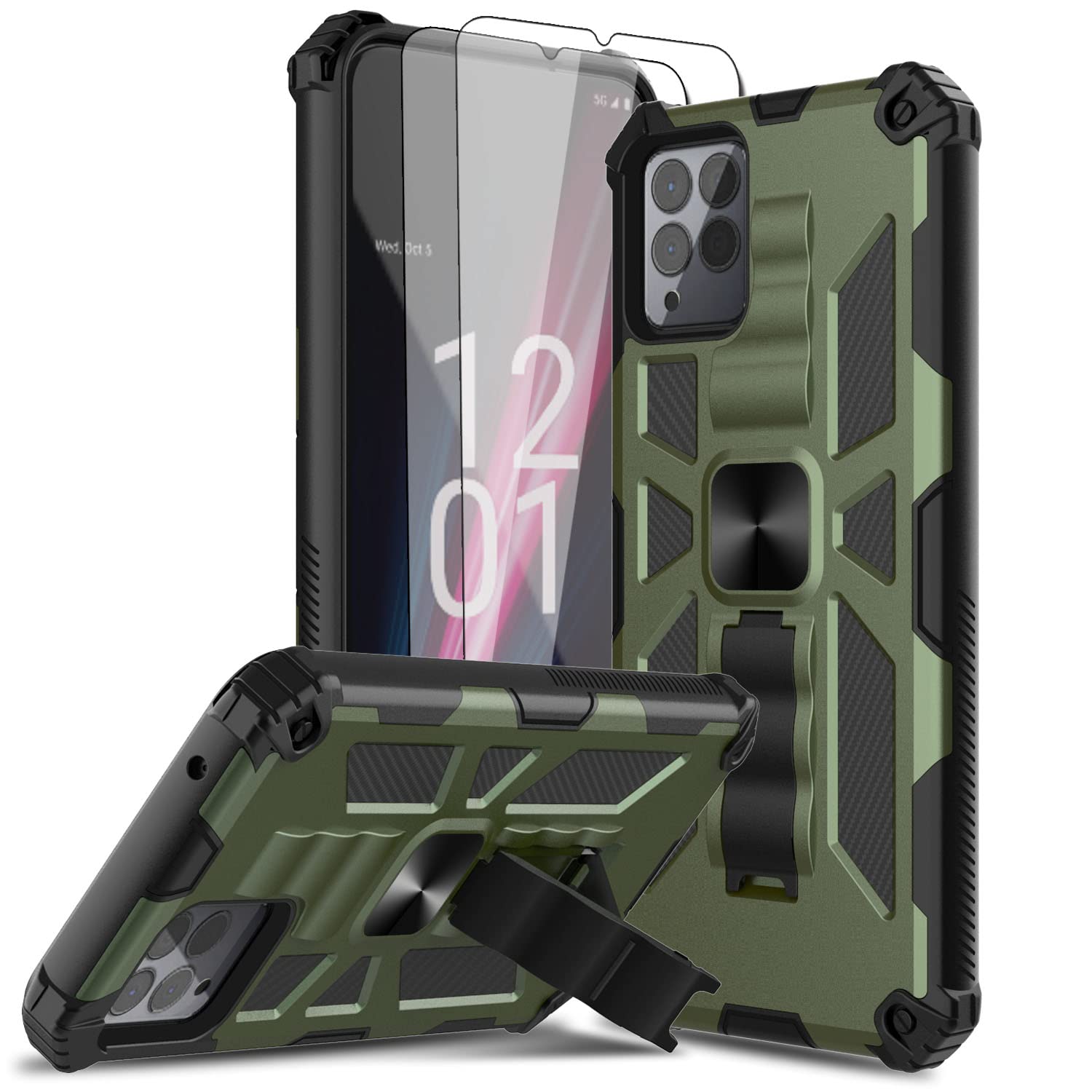 Leptech for T-Mobile Revvl 6 Pro 5G Phone Case with 2 Packs Tempered Glass Screen Protector, Dual Layers Shockproof Protective Cell Phone Cover with Kickstand for T-Mobile Revvl 6 Pro (Army Green)