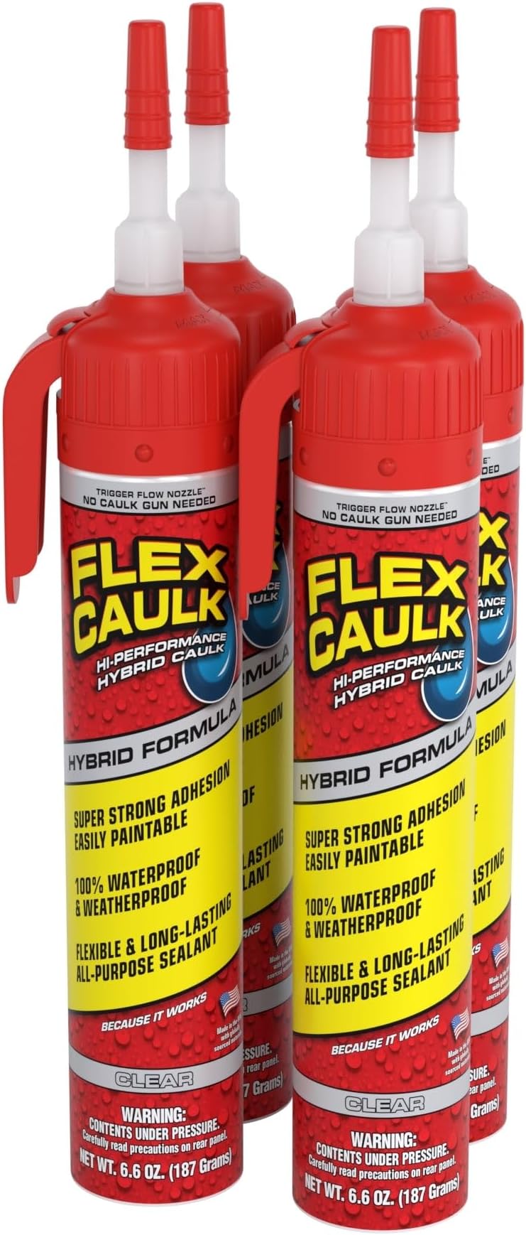 Flex Caulk, Waterproof & Weatherproof Hybrid Polymer Sealant, Strong, Paintable, Indoor, Outdoor, Bath, Shower, Sink, Window, Baseboards, Door, RV, Roof, Wood, Auto & Marine, Clear, 6.6 oz, Case of 4