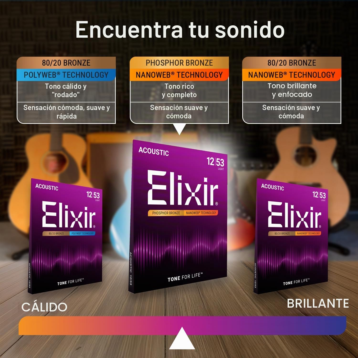 Elixir Cuerdas Strings de bronce fosforado para guitarra acústica con tecnología NANOWEB, luz personalizada (.011-.052), paquete de 4 unidades especial de Amazon