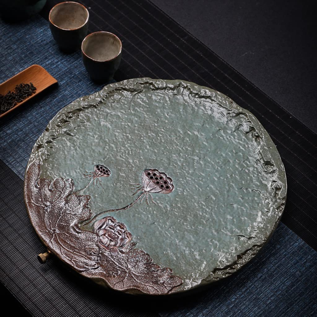 Bandeja para Servir té Kungfu, Elegante cerámica para Mesa de Kungfu, con Almacenamiento y Drenaje de Agua (Verde, 32,5 x 32,5 x 3,5 cm)