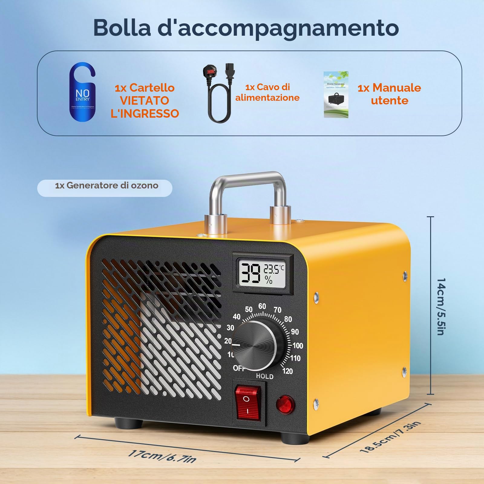 Generatore di ozono 60000 mg/h, purificatore d'aria con ozono per 320 m², con timer da 120 minuti e termoigrometro, ideale per eliminare odori come fumo, animali domestici, cucina (versione base)