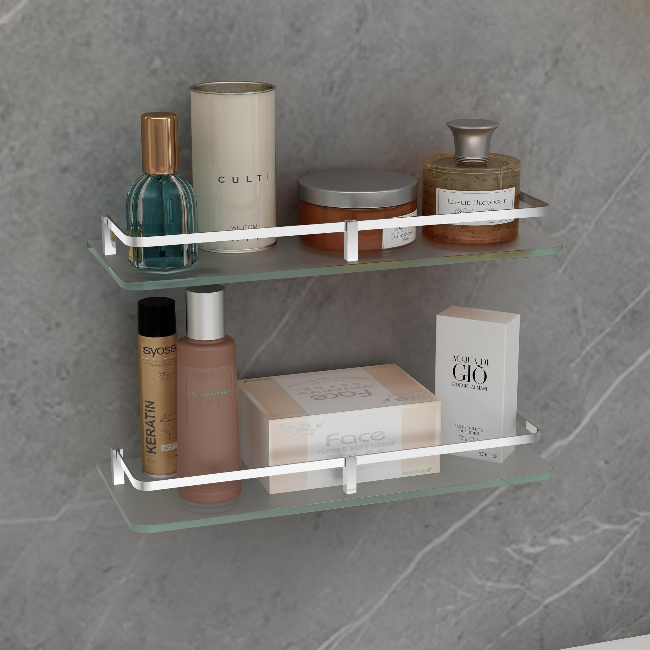 PlantexFrosted Glass Shelf for Bathroom/Shelf with Brass Railings and Brackets/Shelf for Living Room/Bedroom/Kitchen - Pack of 2 (15 x 6 inch, Chrome)