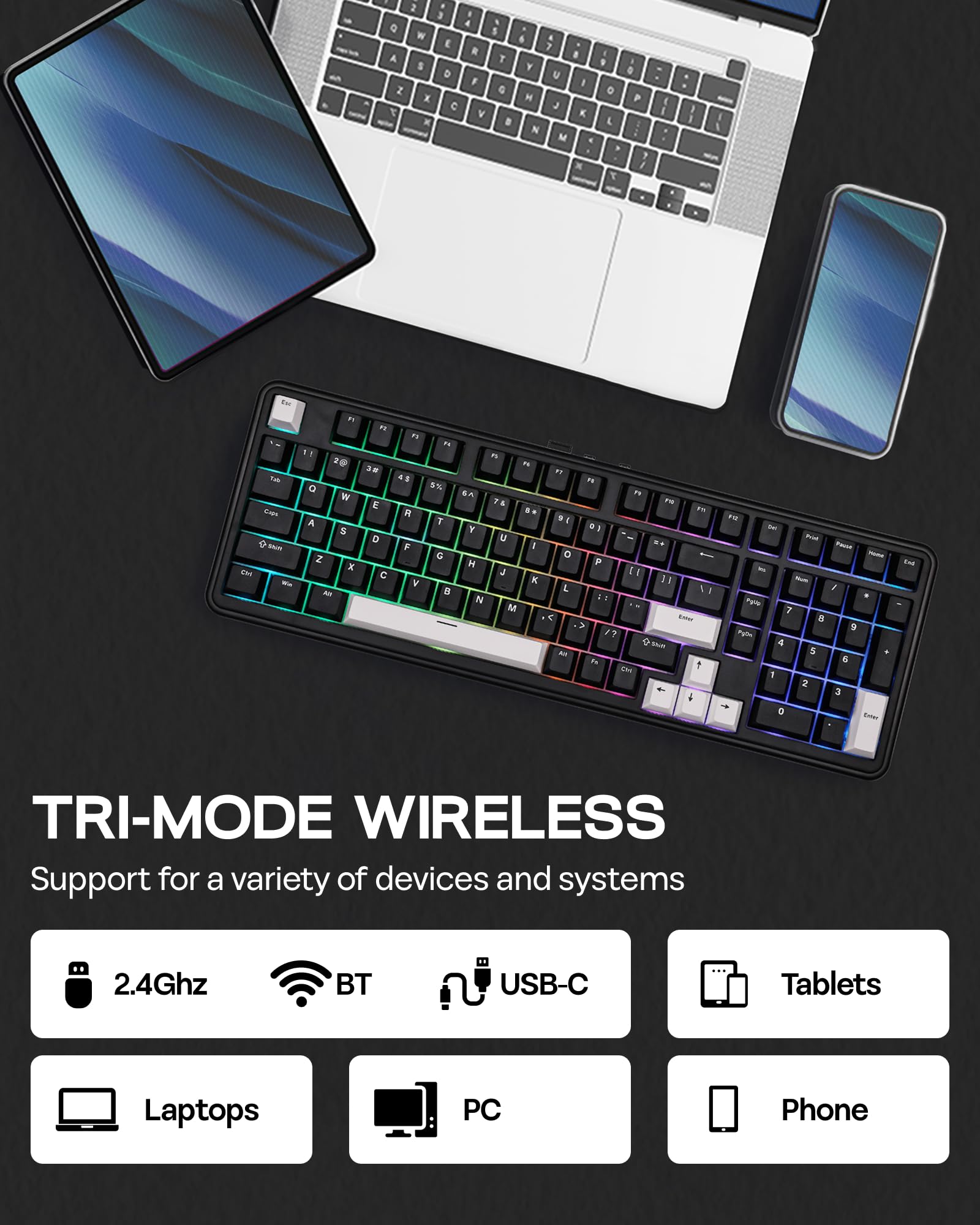 EPOMAKER TH99 Tastiera Meccanica Wireless Tri-Mode, Tastiera Personalizzata hot-Swap, Tastiera da Gioco RGB con Numpad per PC/Mac/Office (Nero, Creamy Jade)