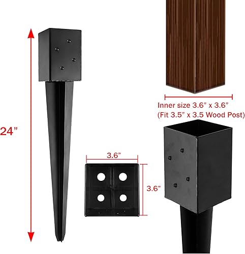 Miniatura 2 de Juego de 4 postes de valla de 4 x 4 pulgadas de longitud con recubrimiento de polvo negro de metal de 24 pulgadas de largo, anclajes para buzón de