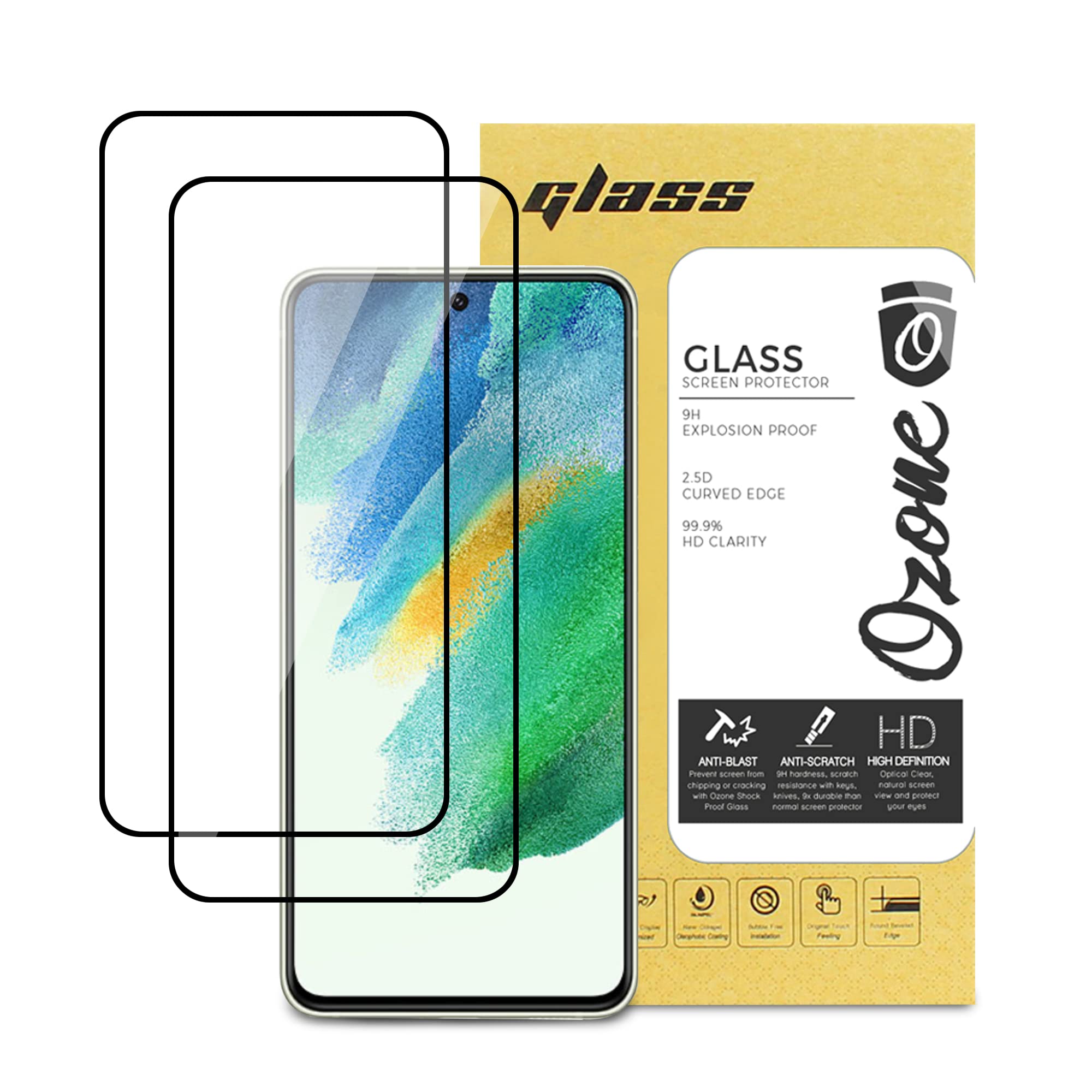 O Ozone [ 2 Pack ] Screen Protector for Samsung Galaxy S21 FE 5G Tempered Glass Shock Proof Bubble Free HD Clear Scratch Resistant Full Screen Coverage - Black