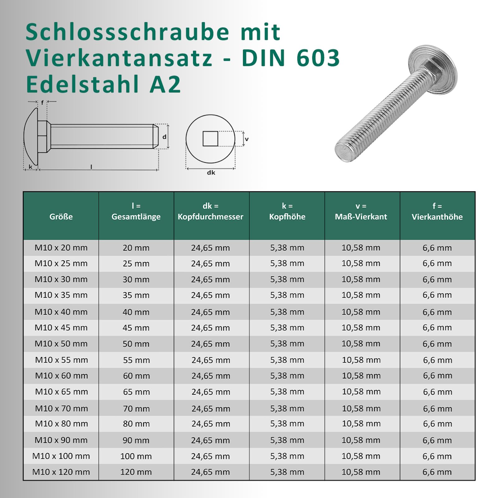 DSM - Boulons de carrosserie M10 x 100 mm selon DIN 603 - M10 Écrou borgne DIN 1587 et rondelle DIN 125 - Acier inoxydable A2/V2A - Filetage complet - Vis à tête bombée avec collet carré - Lot de 25