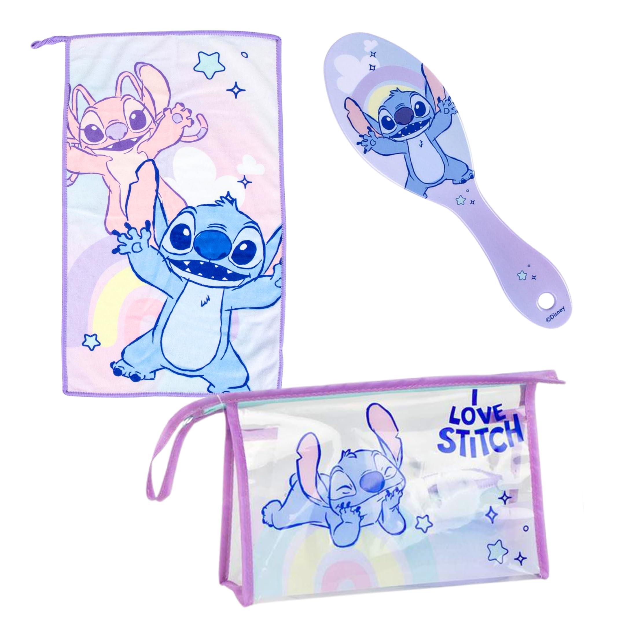 Disney Stitch Trousse de Toilette pour Enfant, Motif Stitch et Angel, avec Brosse à Cheveux, Serviette et Porte-Monnaie, sans PVC