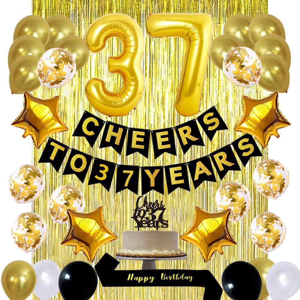 Gold 37th Birthday Decorations Kit, Cheers To 37 Years Banner Balloons,37th Cake Topper Birthday Sash, Gold Tinsel Foil Fringe Curtains, for 37 Birthday&Anniversary Decorations