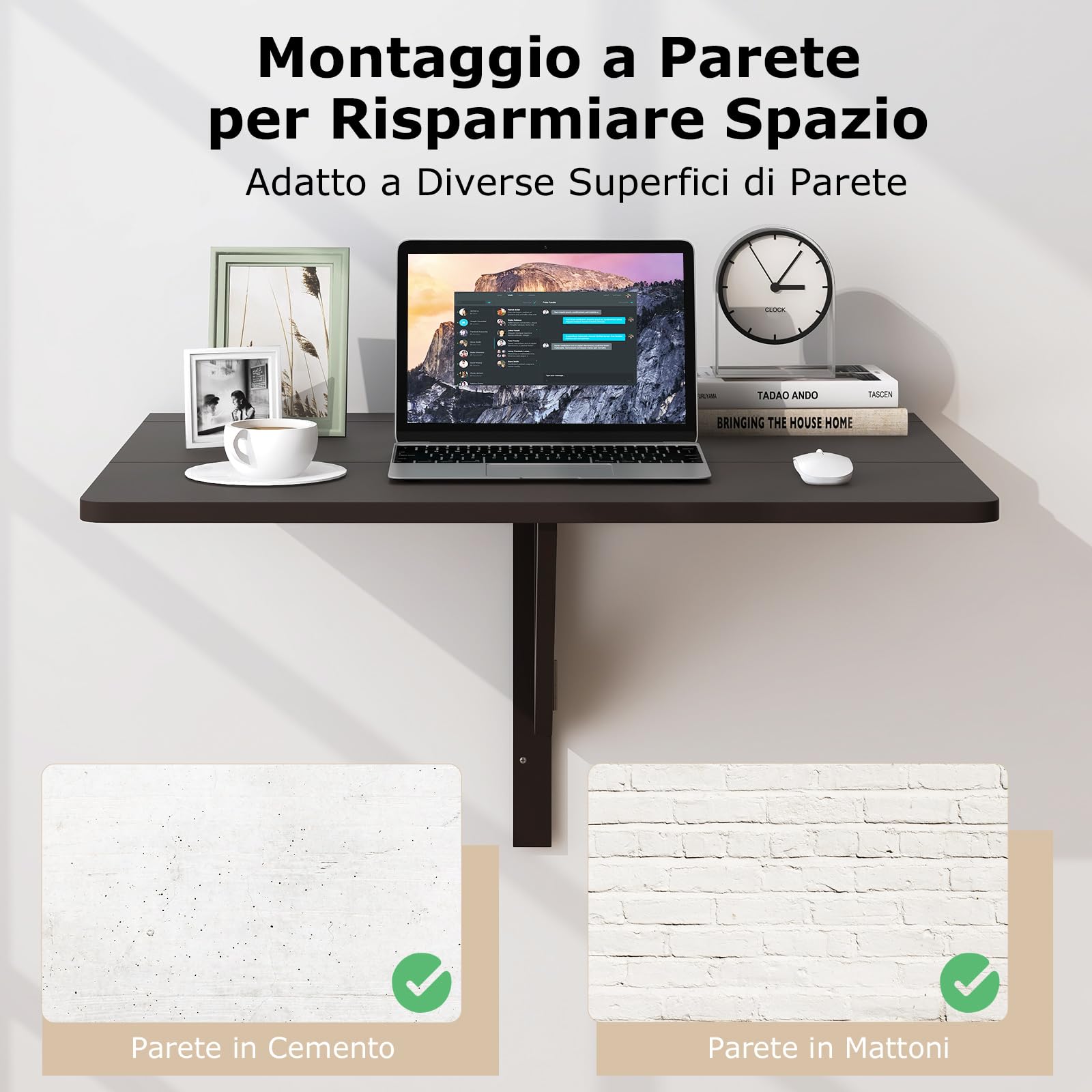 COSTWAY Tavolo Pieghevole a Muro, Tavolino Porta PC da Parete in Legno, Tavolo a Scomparsa Multifunzionale, Ideale per Soggiorno, Cucina e Studio, 80 x 60 x 45 cm (Marrone)