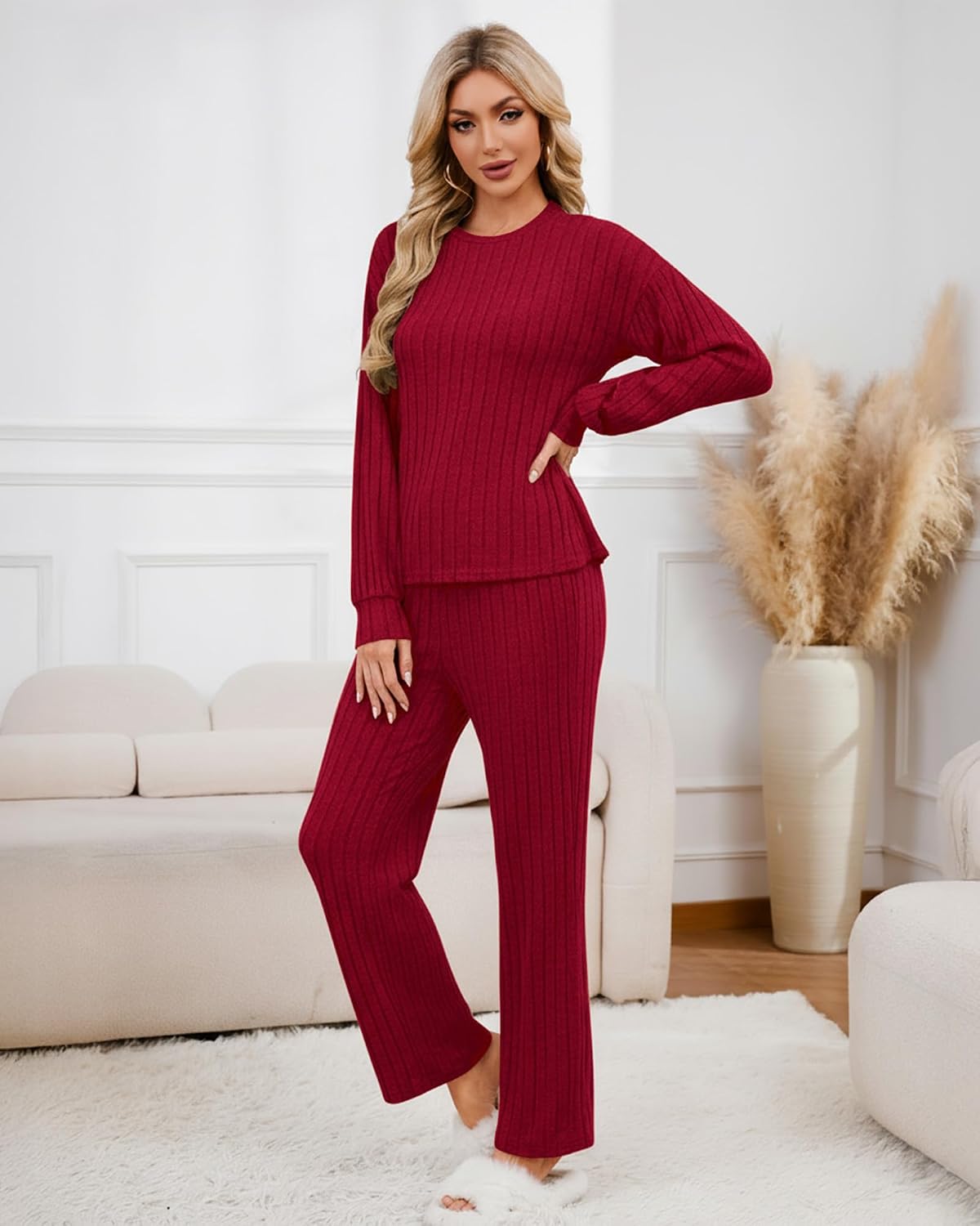 Chicingyou Women 2 Piece Lounge Set 2026 Casual Long Sleeve Pajama Set Ribbed Knit Loungewear Comfy Matching Winter Outfit