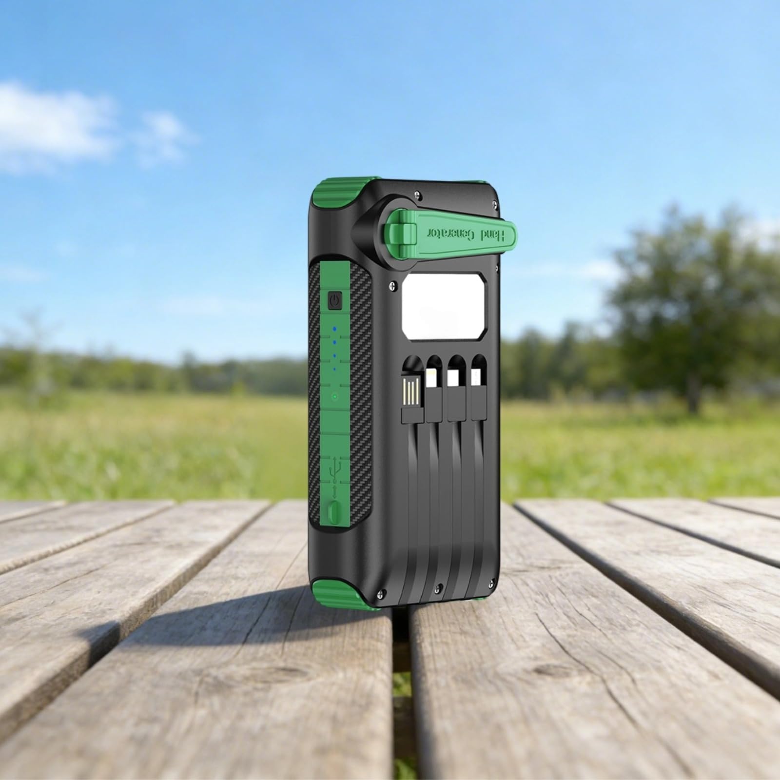 Power Bank da 20000 mAh, caricatore portatile con generatore a manovella, ricarica rapida, 3 cavi di uscita, torcia a LED, luce da campeggio, certificata UKCA per campeggio all'aperto