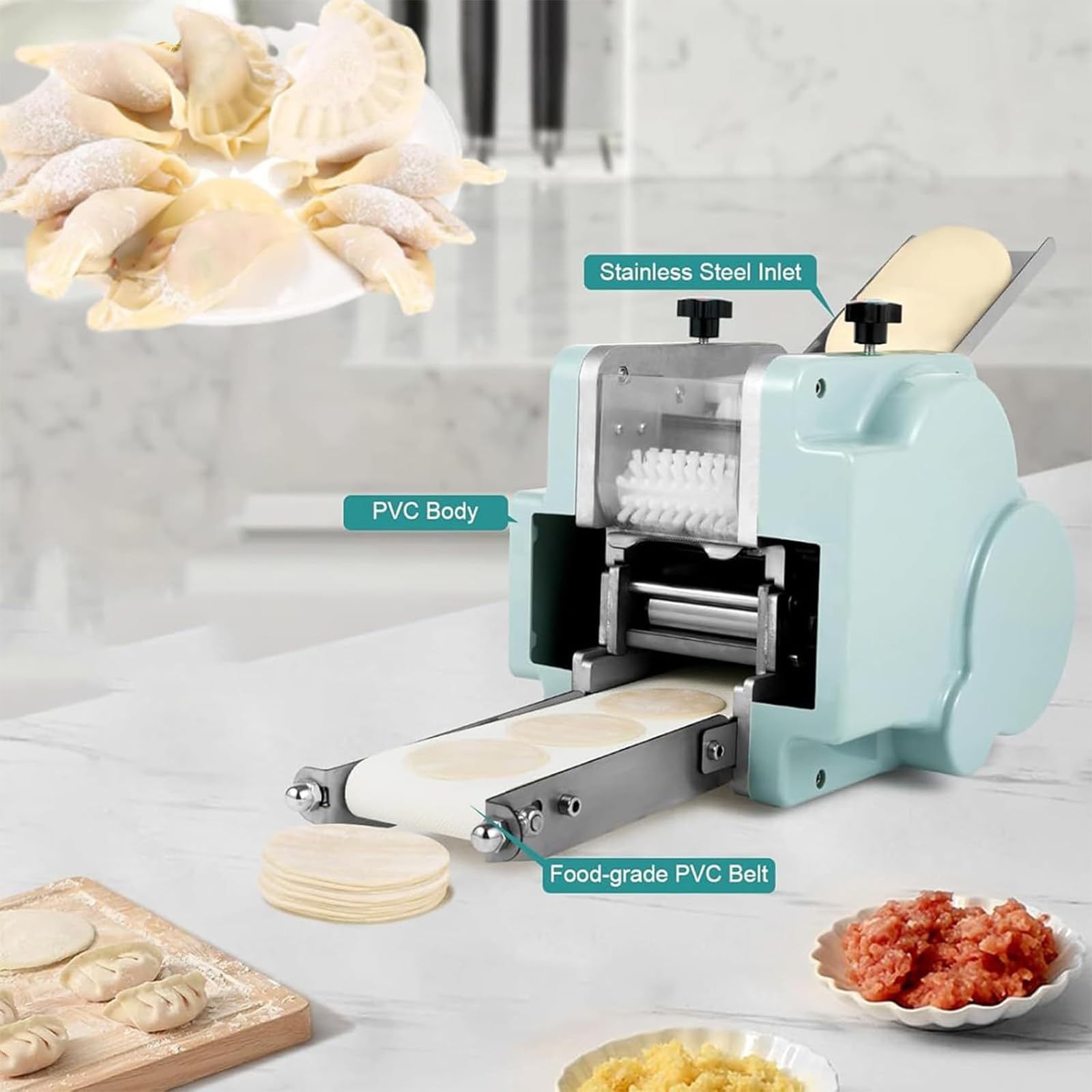 Elektryczny producent pierogów, maszyna do skóry 140W, 50-60 owijek/min, nie-kijowy wałek do ciasta do bułeczek Wontons, regulowane formy 6-9 cm, komercyjne domowe niezbędne kuchenne