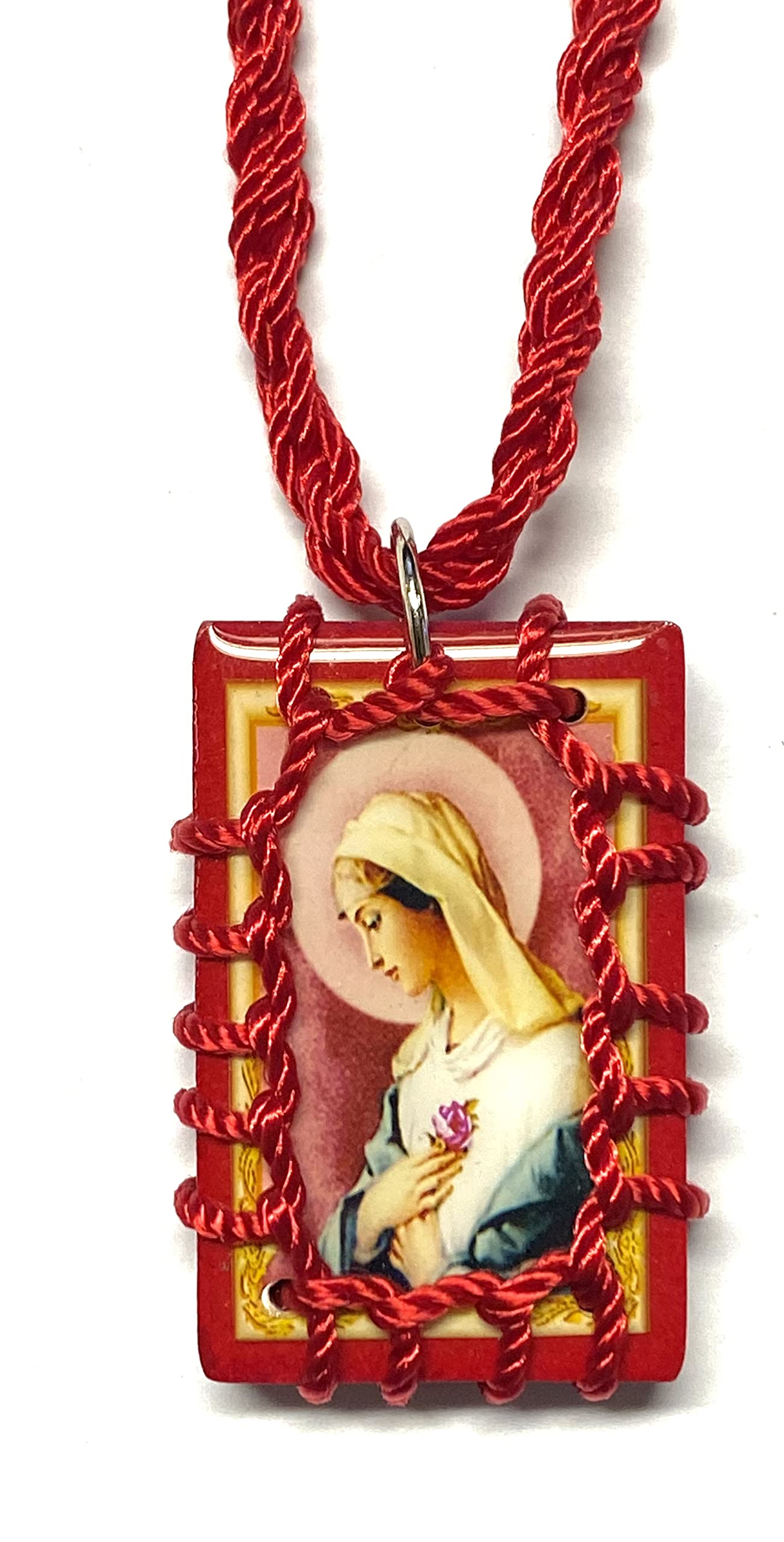 Mystical Rose Virgin Mary Red Wood Scapular Necklace Escapulario Rojo Madera Rosa Mistica Virgen