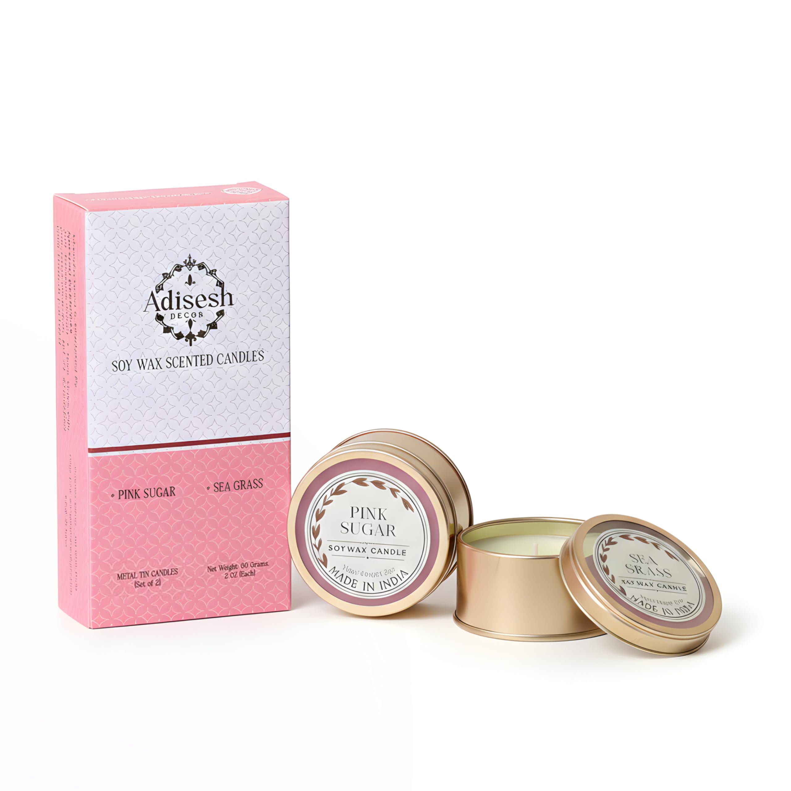Adisesh Decor Soy Wax Scented Candles - Pink Sugar & Sea Grass (Set of 2) | Metal Tin Scented Candles for Home Decoration, Burn Time 14-15 Hrs Each, Luxury Fragrance Candles for Gifting-picture-30