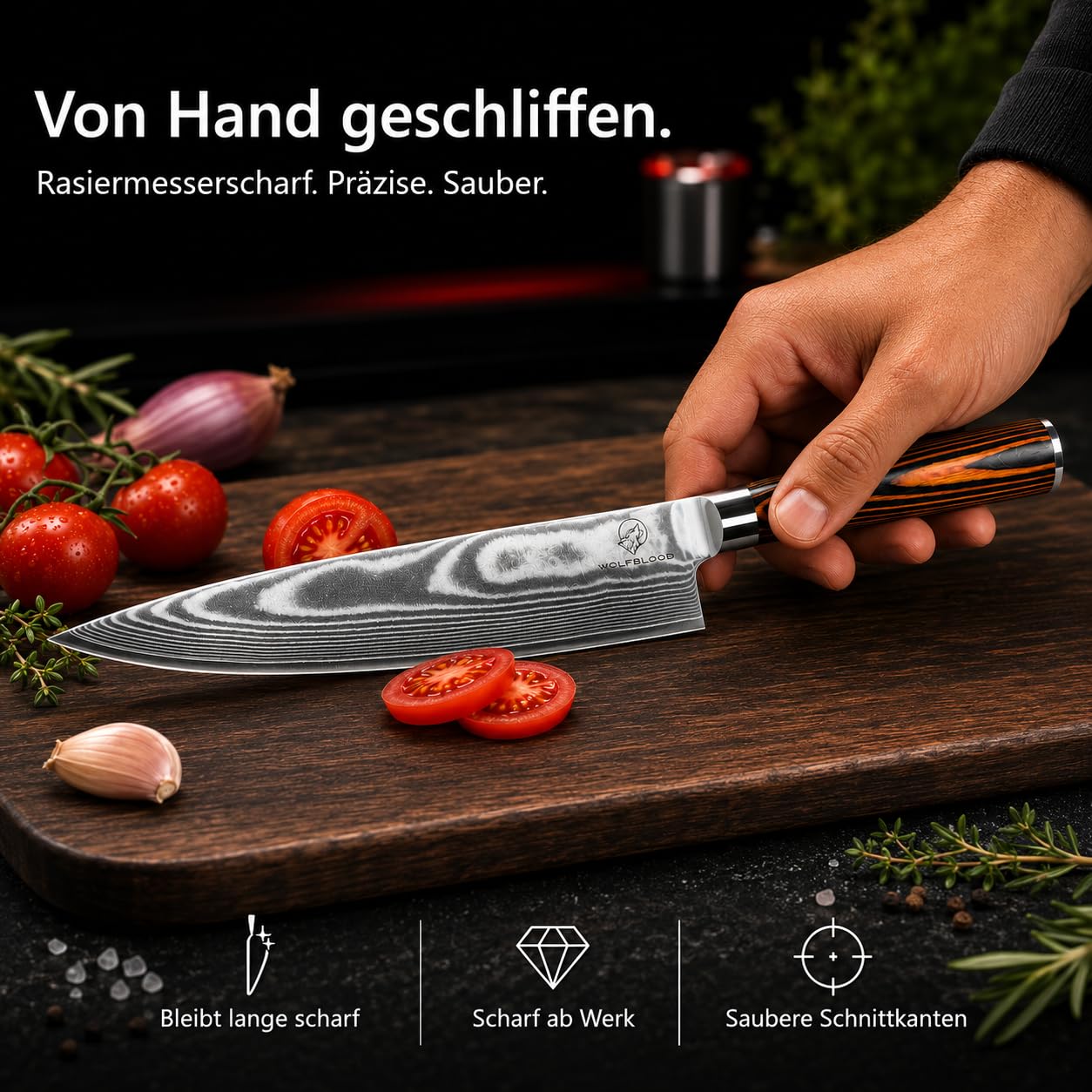 Wolfblood Damastmesser Küchenmesser XL (32cm) TÜV geprüfter 62 HRC Damaststahl aus 67 Lagen I Damast-Küchenmesser Chefmesser Kochmesser mit Holzgriff Geschenkbox und Klingenschutz