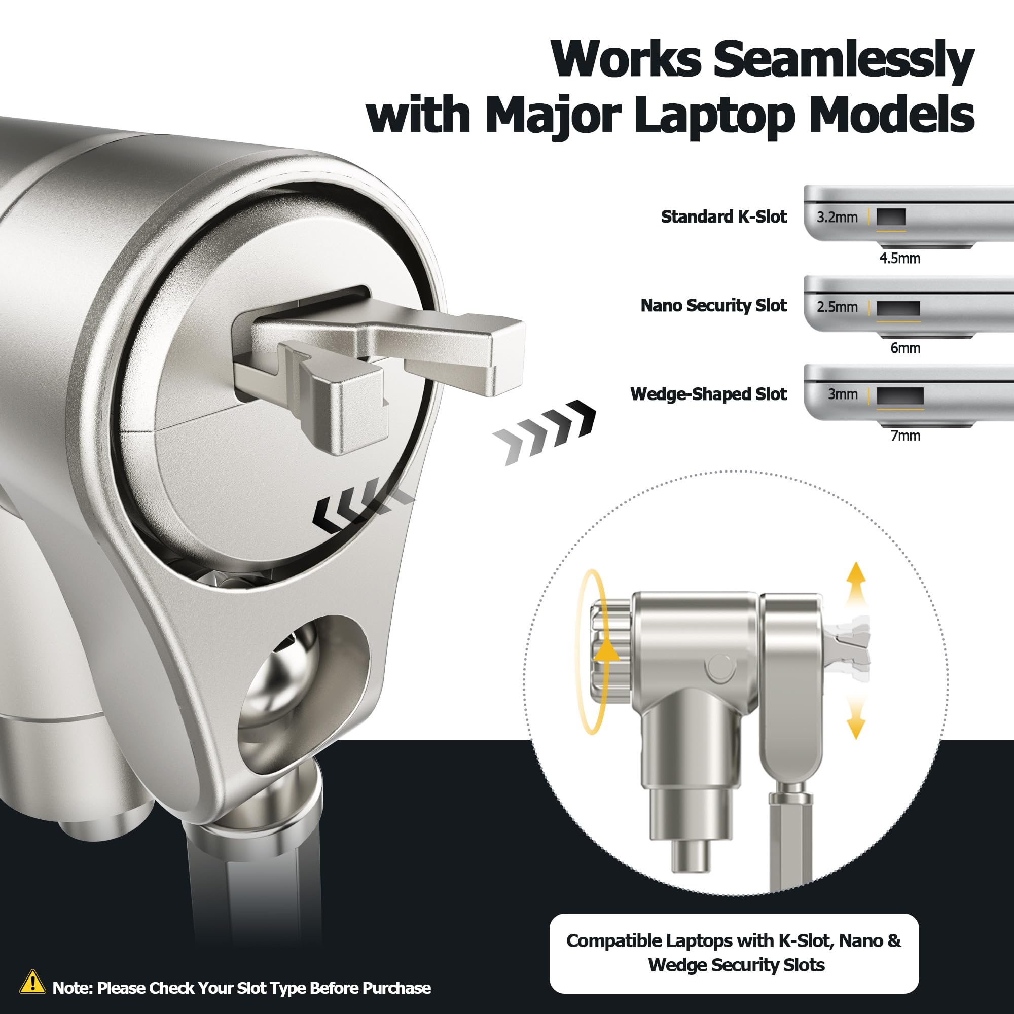 AboveTEK Candado para Ordenadores Portátiles: Cable de Seguridad 3 en 1 de 2m para Escritorio, Sistema Universal Antirrobo con 2 Llaves para Portátiles, Compatible con K-Slot, Nano y Wedge Slot