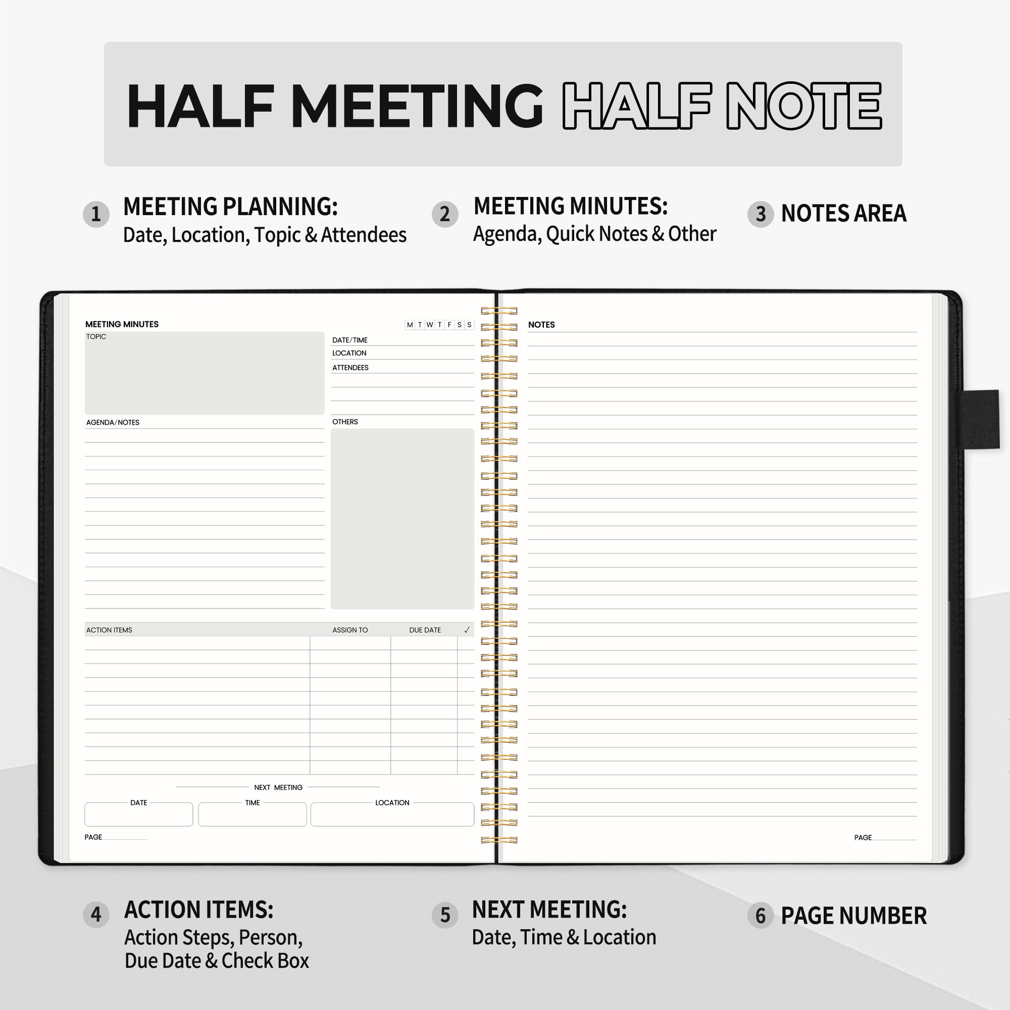 SUNEE Half Meeting Half Note - Taccuino professionale per lavoro, 21,6 x 28 cm, 160 pagine, formato B5, agenda a spirale per riunioni per donne e uomini, per prendere appunti, ufficio, con copertina