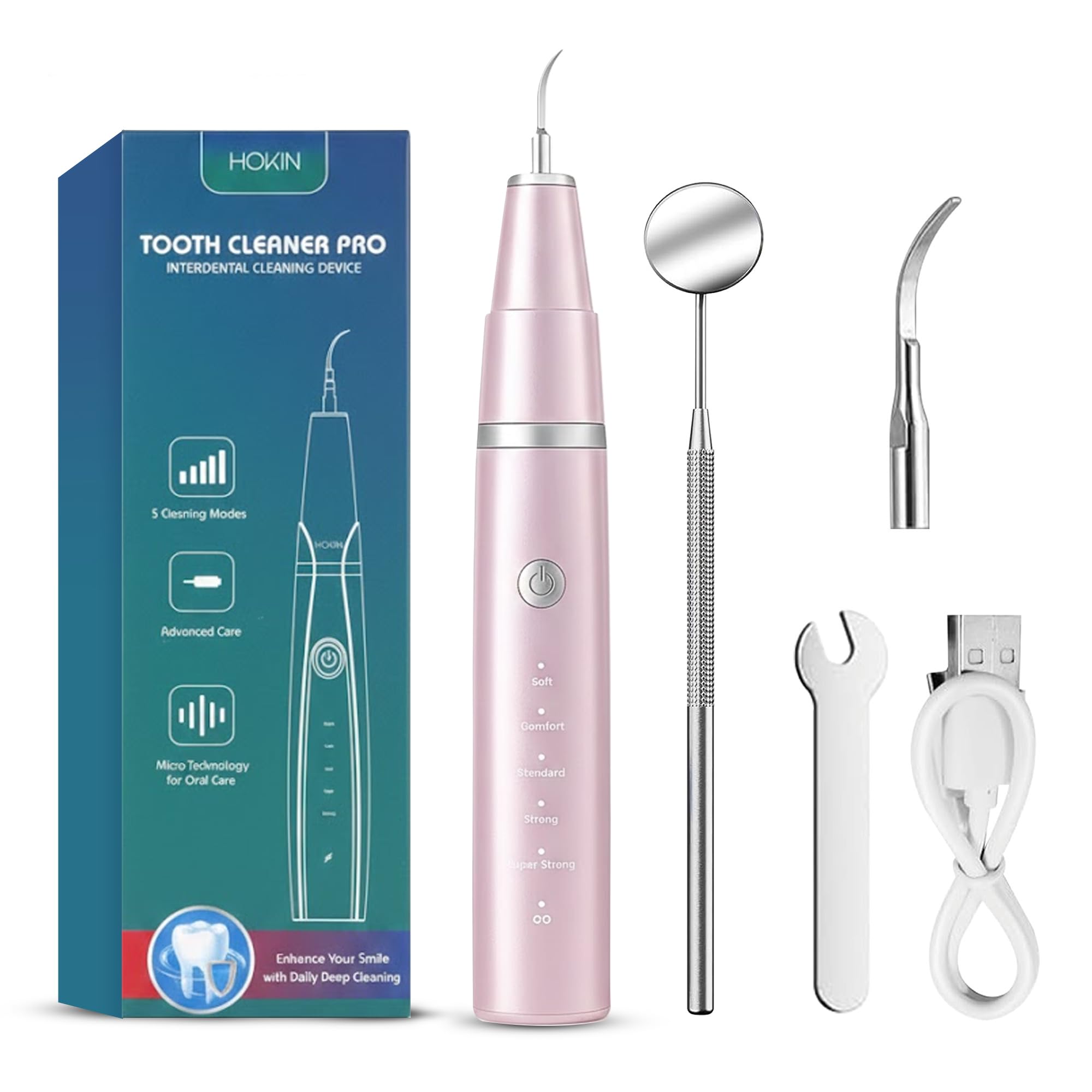 HOKIN Pulizia Denti Tartaro Ablatore Kit - Igiene Dentale Kit per Placca e Tartaro Rimozione Sbiancamento Denti kit con specchietto dentista, per Cura Orale Domestico Rimozione Tartaro, Placa (Rosa)