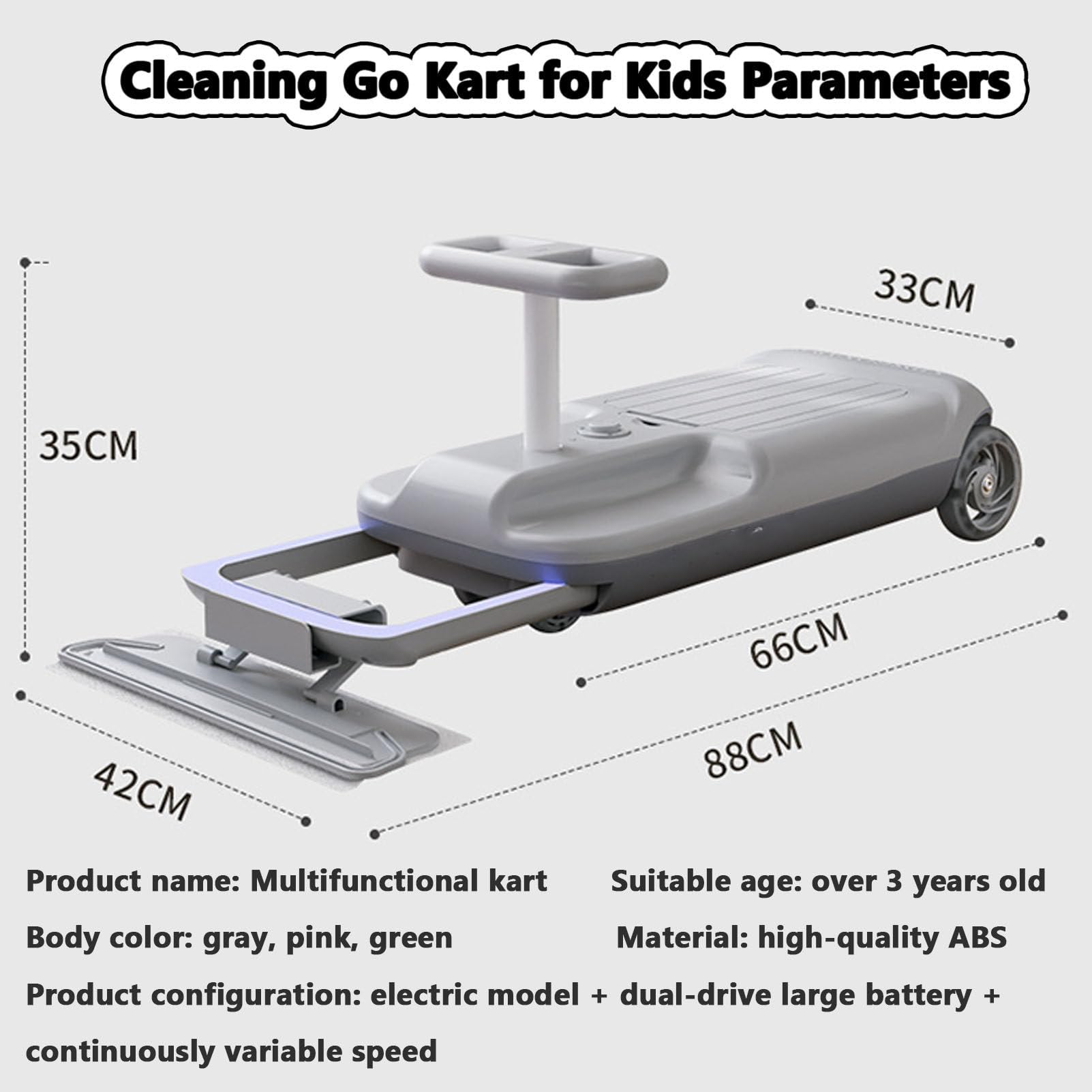 Pulizia GO Kart, Kart elettrico portatile con funzione di pulizia del pavimento, auto a piedi elettriche da 12 V con luce gradiente, cestino di stoccaggio integrato