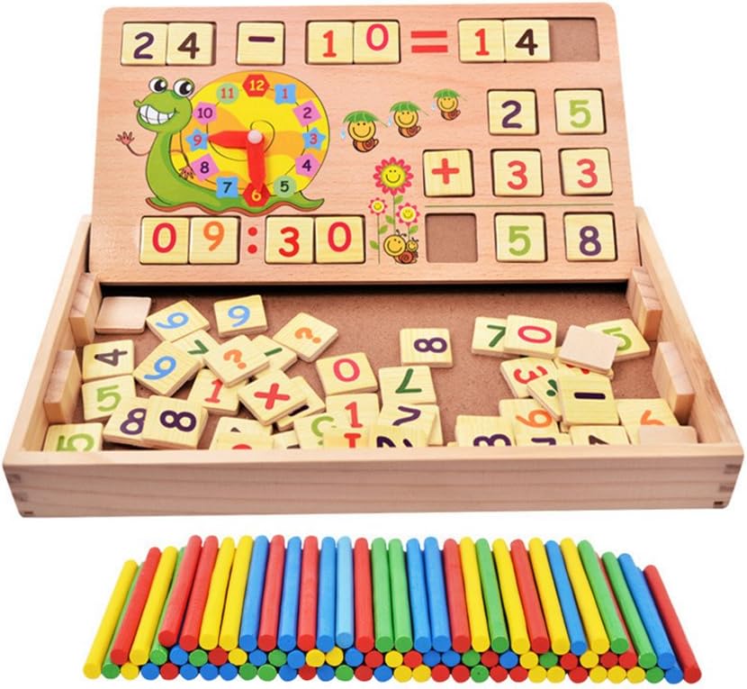 Montessori Toys For Toddlers, Preschool Teaching Tool Math Number Counting Sticks with Blackboard and Clock