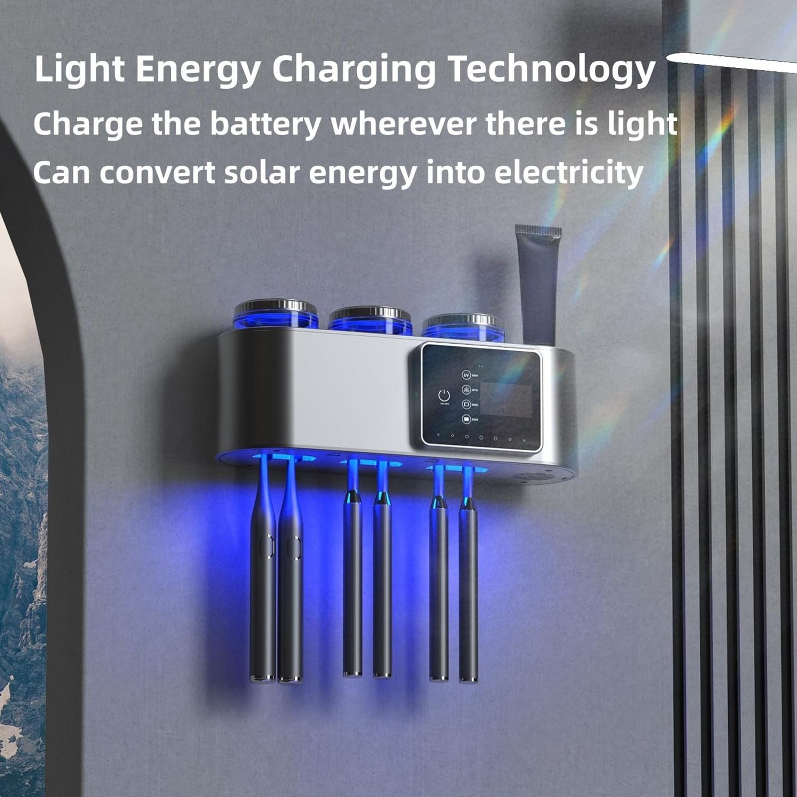 Uchwyt ścienny na szczoteczki do zębów, elektryczny uchwyt na szczoteczki do zębów do łazienki, ładowanie energią słoneczną i niewymagający wiercenia Organizer na szczoteczki,White-B