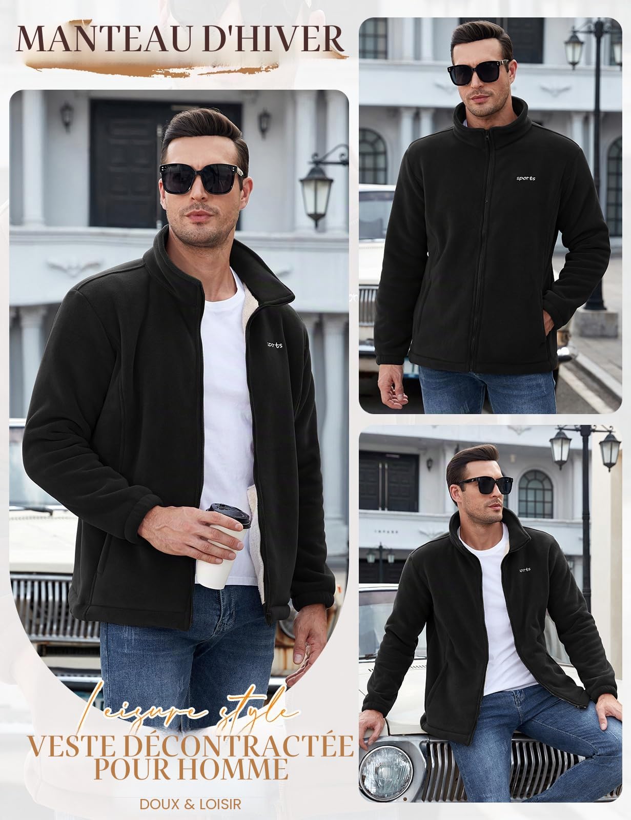 Nadeer Veste Polaire pour homme Hiver Chaud Casual Coupe-Vent Blousons Zippée Outdoor Jacket sans Capuche avec Poches