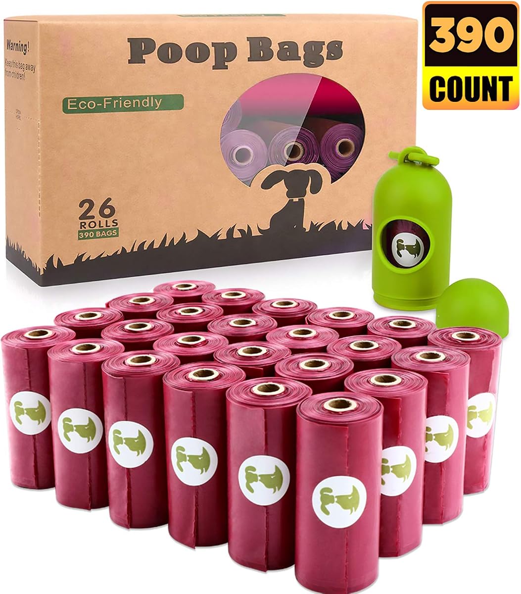 Dog Poop Bags Rolls with Dispenser - Strong Leak Proof - 390 Count Scented | Large 9x13 inch 26 Refill Rolls waste bag for Dog doggie doggy Walks, Cat Litter Cleanup and Everyday Pet Waste Disposal