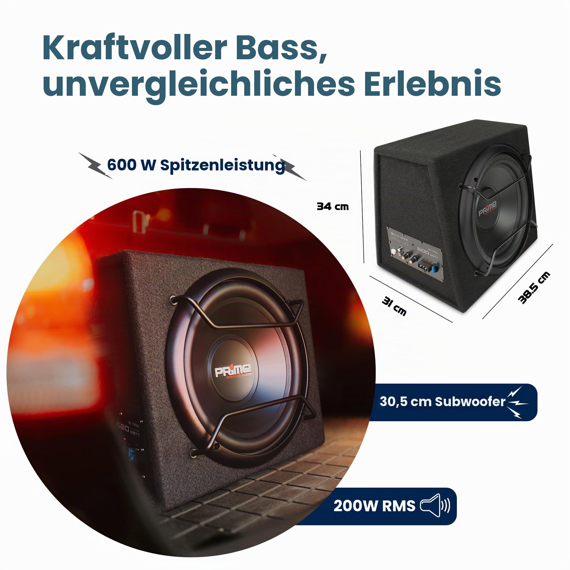Caliber Subwoofer Aktiv Set für Auto - 12 Zoll Bassbox mit Verstärker 600W Spitzenleistung, 200W RMS - Active Autolautsprecher Set inkl. Endstufe für Autoradio - Kraftvoller Bass für Car - Schwarz