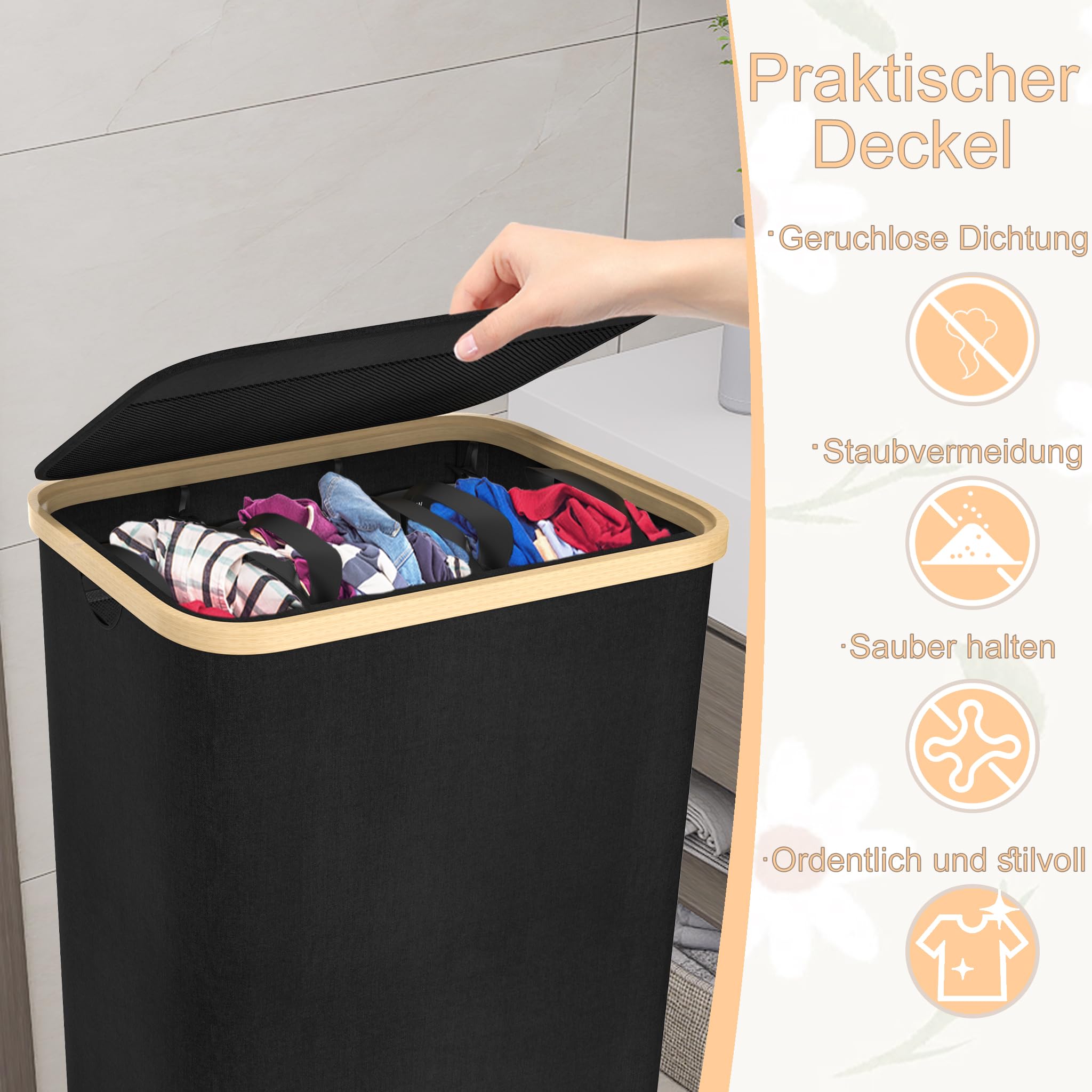Froadp Cesto para la colada con 3 compartimentos, 140 L, plegable, con tapa, para baño y dormitorio, cesta resistente con asas, 3 bolsas de lavandería lavables (negro)