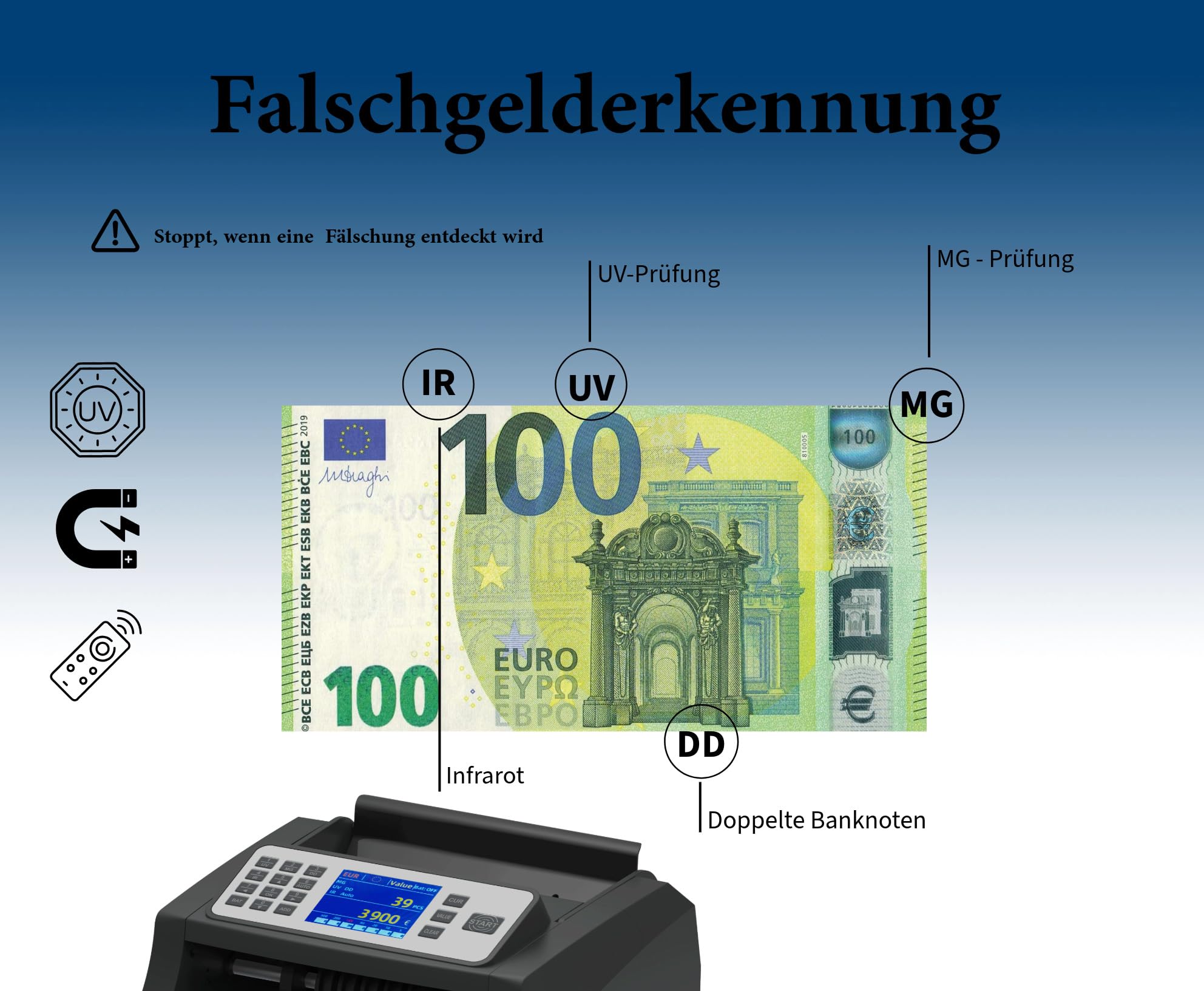Securina24 Geldzählmaschine Wertzähler für Einzelsorten Geldzähler Banknotenzähler SR3900