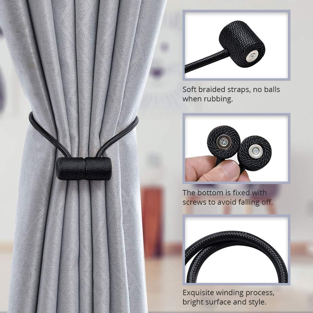 NICEEC 2 Pack Magnetic Curtain Tiebacks 16 Inch Modern Handmade Weave Rope Curtain Holdbacks Convenient Decorative Curtain Drape Tie Backs for Home and Office Window Drapery (Black) : Home & Kitchen