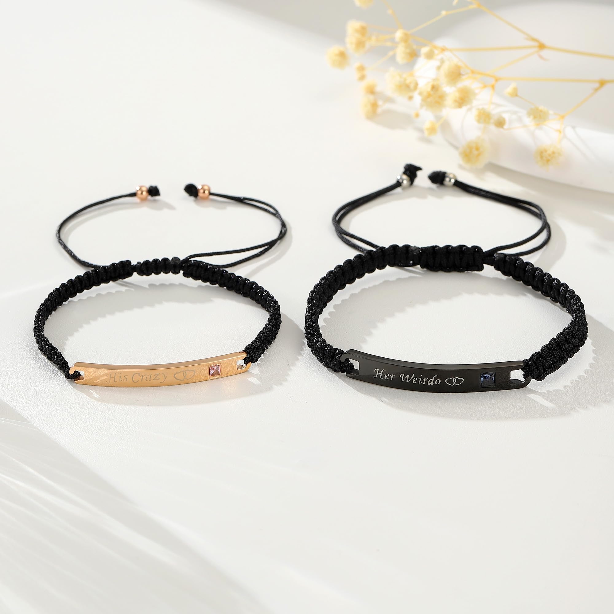 Personalized Couple Bracelet Set Customized Matching Bracelets for Couples Relationship Rhinestone Stainless Steel Birthday Valentine's Day Gift for Husband Wife Braided Rope for Him Her