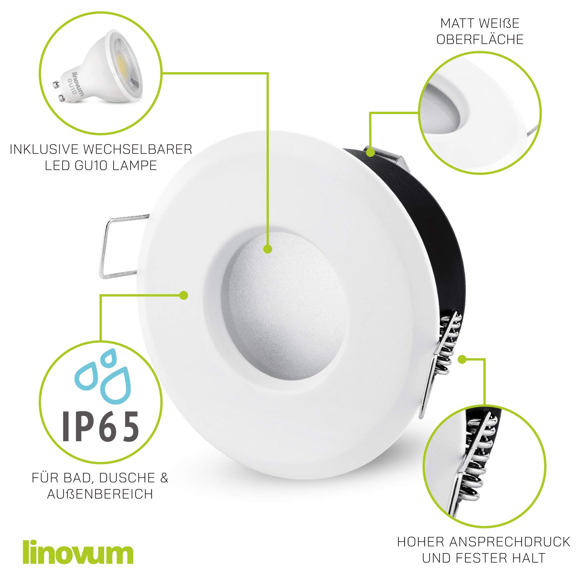 linovum 10x LED Bad Einbaustrahler SET IP65 weiß rund 230V - Ideal für Badezimmer, Küche oder Außen - Licht warmweiß 2W