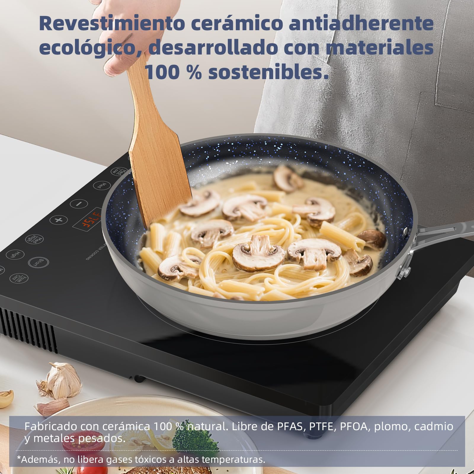 Nuwave Ollas 12 Piezas G10 Cerámica de Duralon Blue en Gris, Compatible con Inducción, Batería de Cocina con Tapas, Juego de Ollas y Sartenes, Seguro y libre de PFAS