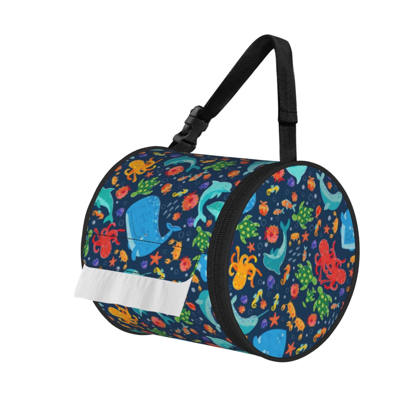 Ocean Whale Fish Octopus Print Round Paper Tissue Holder With Shoulder Strap, Portable Roll Case For Caravan Travel Use