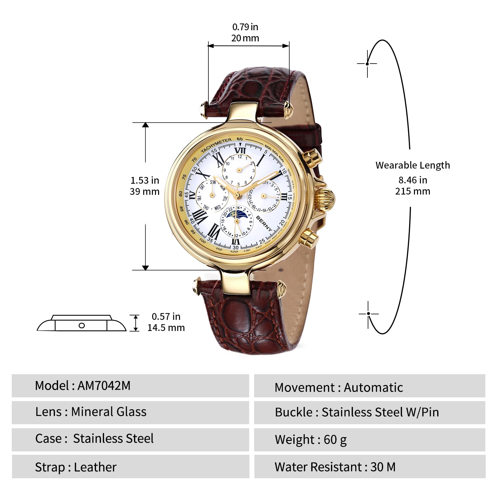 BERNY Hombre Reloj Automático Maquinaria Reloj Automático de Cuerda Superior Automático 3ATM Reloj Multifuncional Impermeable Reloj de Moda Súper Brillante