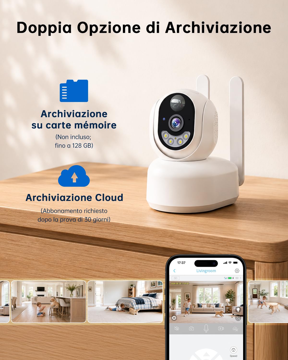 4G LTE Telecamera Interno con SIM, 2K 360° PTZ Telecamera Senza WiFi | Videocamera Sorveglianza Senza Fili Indoor, Visione Notturna a Colori, PIR Rilevamento, IP66, Per Neonati, Anziani e Animali