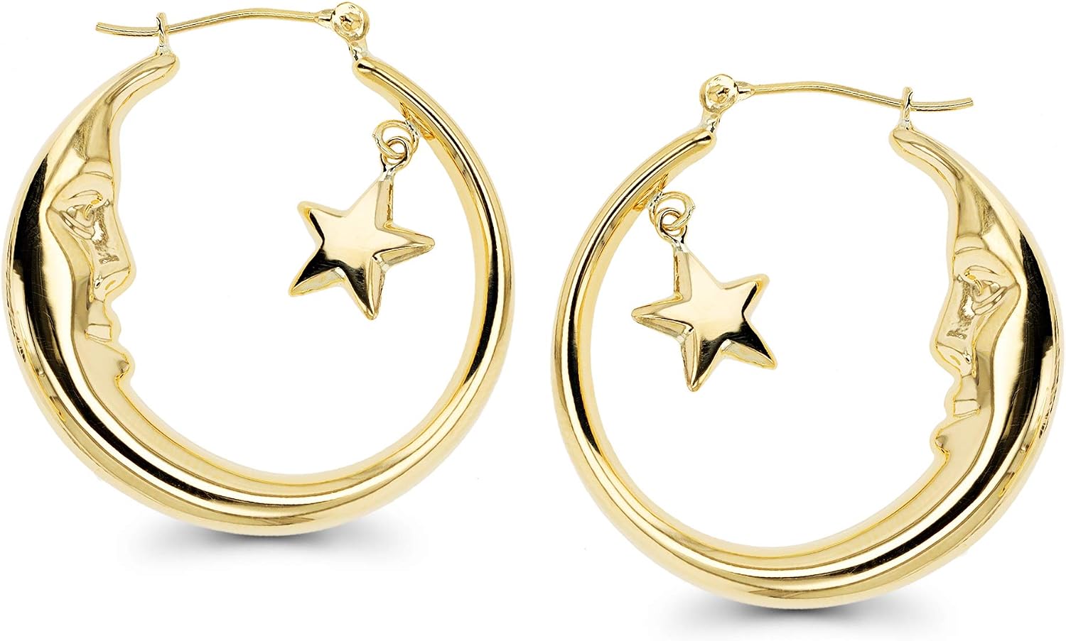 14K Gold Polished Crescent Moon and Star Dangling Hoop Earrings For Women