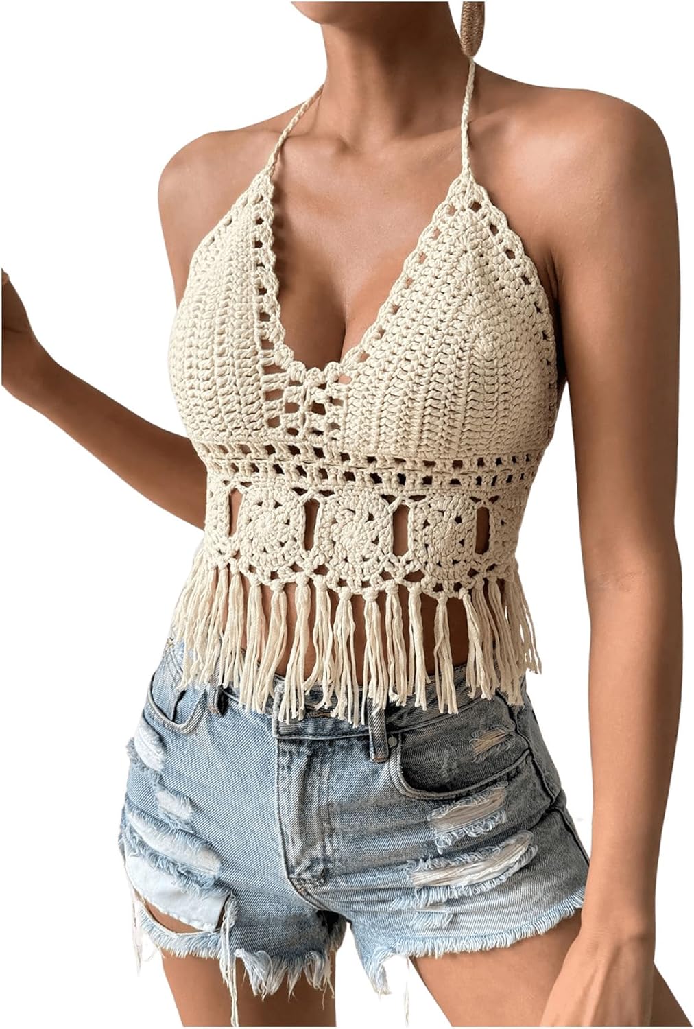 SOLY HUX Women's Crochet Tops Summer Sexy Knitted V Neck Sleeveless Camisole Halter Fringe Crop Top - Image 3