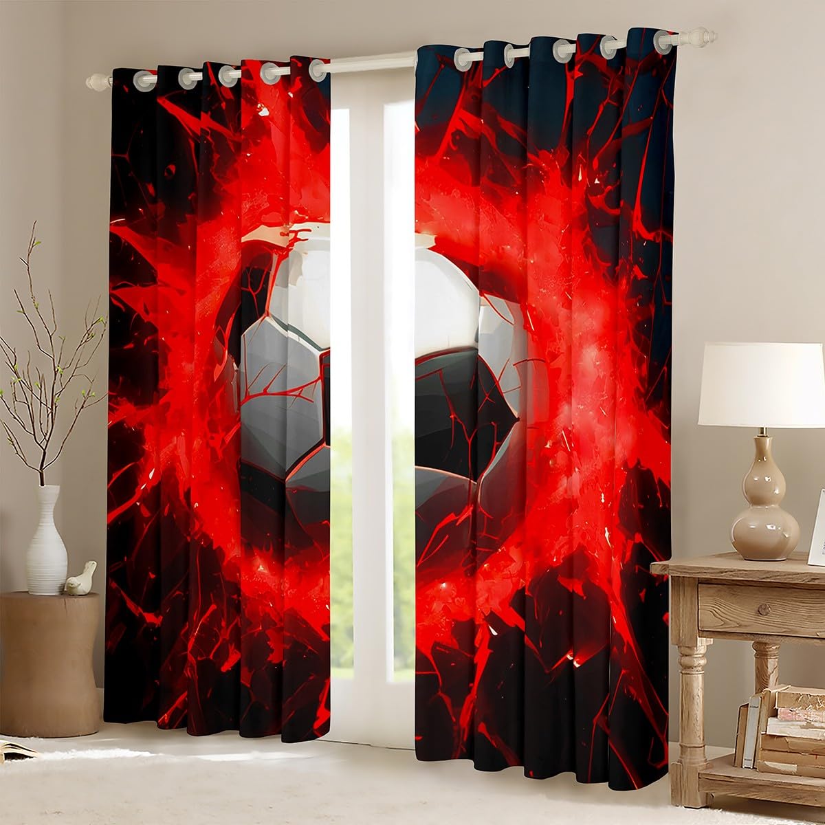 Feelyou Football Curtain for Bedroom Living Room Kids Sports Theme Darkening Drapes Women Men Red Black Soccer Ball Pattern Window Curtains Ball Game Decor Window Treatments (2 Panels? 42 x 63 Inch)