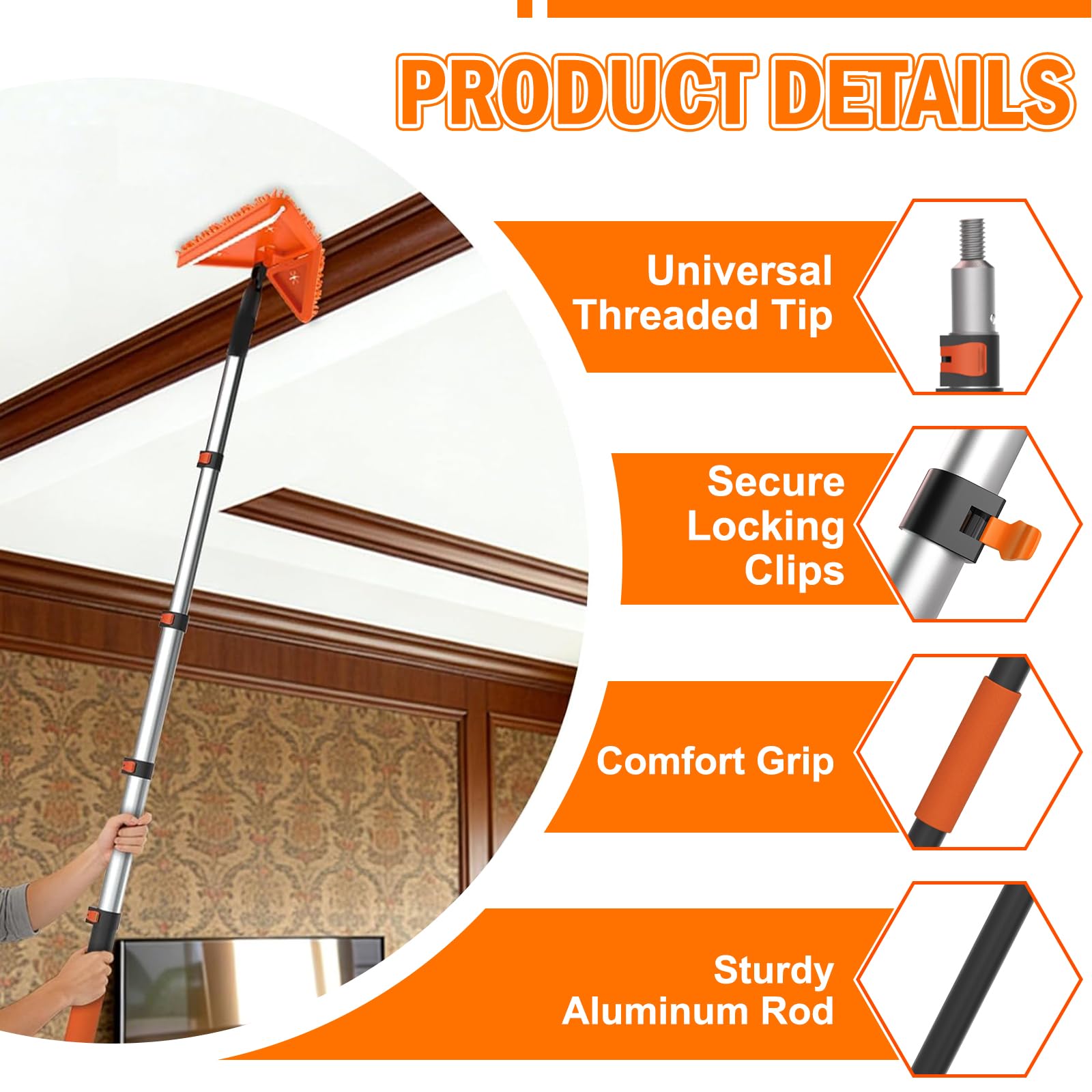 LAANPOLE Kit de limpieza de plumero de alto alcance de 26 pies con poste de extensión, herramienta de limpieza de ventilador de techo alto para aspas de ventilador, kit de lavado de ventanas con