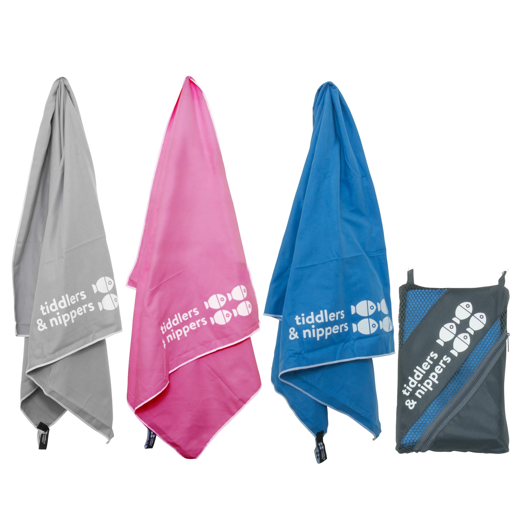 Kids Microfibre Towel (With Carry Pouch) | Colours: Blue / Pink / Grey Lightweight, Super Absorbent & Quick Drying | Ideal For Beach, Pool, Holidays, Travel & Camping | Large Size: 75x130cm (Blue)