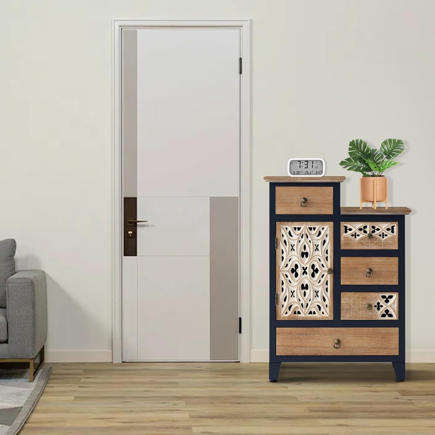 Farmhouse Accent Chest with Carved Door and 5-Drawers, Vintage Storage Cabinet Modern Dresser for Living Room, Entryway, Hallway, Multi-Drawer Organizer, Natural and Deep Blue. ( Damage see the pictures)