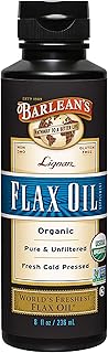 Barlean's Organic Lignan Flaxseed Oil Liquid Supplement from Cold Pressed Flax Seeds, 7,230 mg ALA Omega-3 Fatty Acids for Skin and Hair Care, Vegan & Gluten Free, 8 oz
