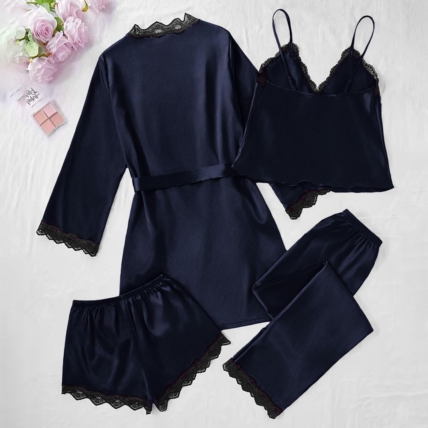 Womens 4 Piece Silk Satin Pajama Sets with Robe, Sexy V-Neck Lace Cami Top, Shorts and Long Pants Soft Sleepwear