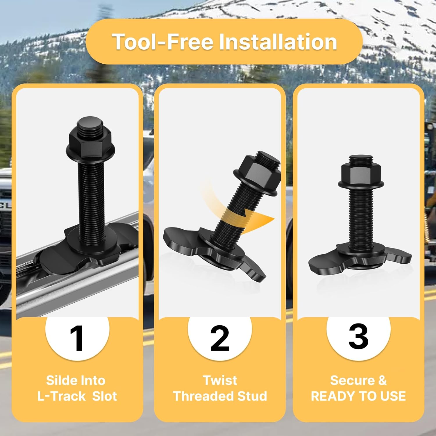 6 Pack 60mm L-Track Double Lug Threaded Stud Nut Fitting Tie Down,3000 LBS Max Load,L Track Accessories,Heavy Duty Cargo Control Anchor for Truck Bed & Trailer, 3/8"-24 UNF x 2.36" – Black