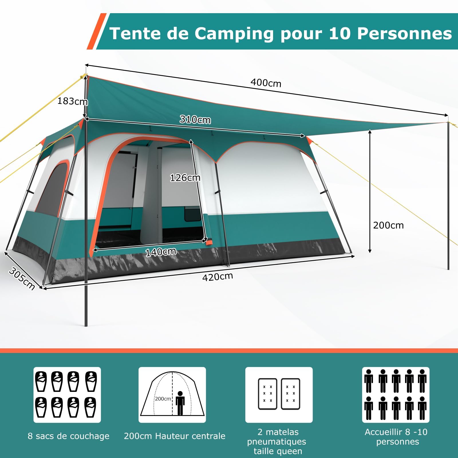 GYMAX Tente Camping Grande avec Auvent, 2 Chambres Séparées, Toit de Lucarne, Bâche Anti-Pluie Amovible, Portes et Fenêtres Enroulable, pour Extérieur Pique-Nique