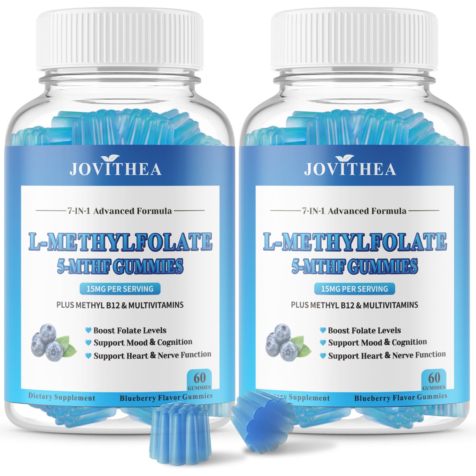 JOVITHEA 2 Pack L-Methylfolate 15mg Gummies with Methyl B12, Folate 5-MTHF Supplement for Mood, Brain Health, Cognition & Immunity, Sugar Free, Vegan,